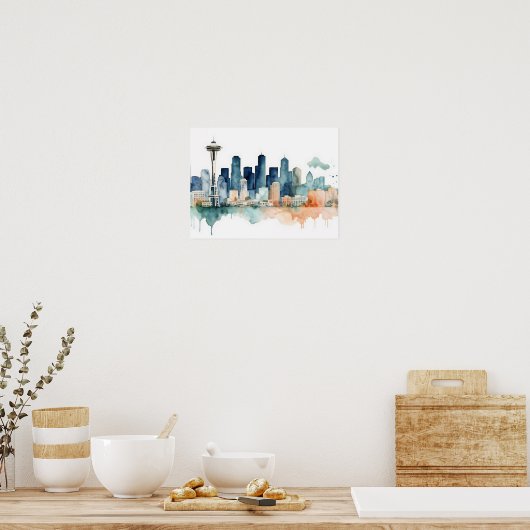Seattle Skyline in Watercolor hues ポスター (キッチン)