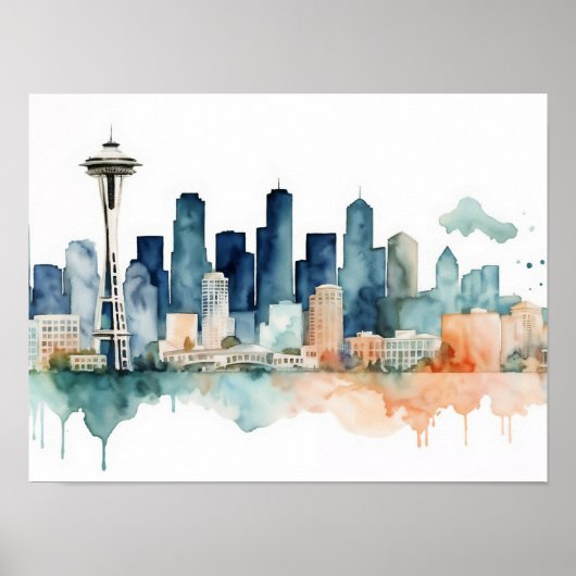 Seattle Skyline in Watercolor hues ポスター (正面)