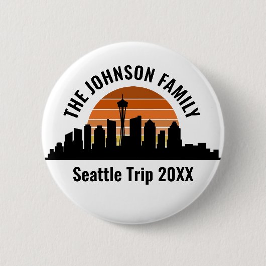 Seattle Skyline Sunset Custom Family Vacation 缶バッジ (正面)