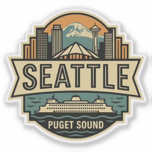 Seattle Skyline Washington USA Retro Badge シール (正面)