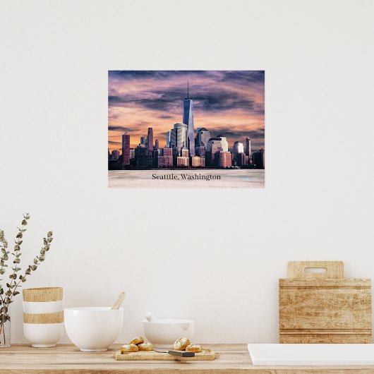 Seattle, Washington Cityscape, Labeled, ポスター (キッチン)