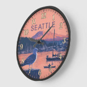Seattle Washington Harbor Mount Rainier Sunset ラージ壁時計 (傾斜)