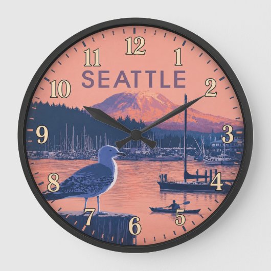 Seattle Washington Harbor Mount Rainier Sunset ラージ壁時計 (正面)