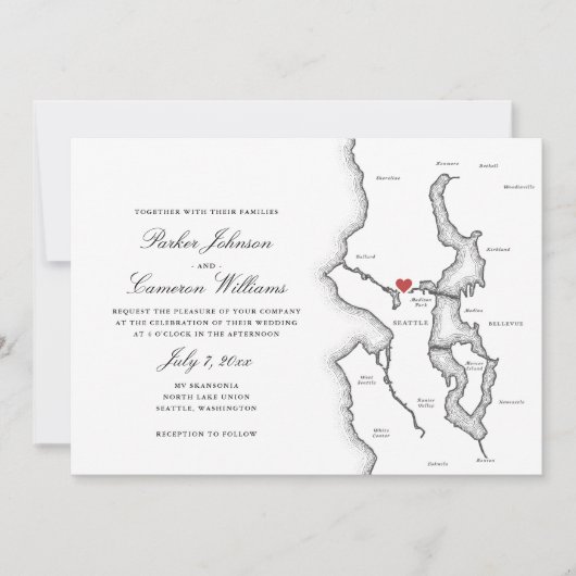 Seattle Washington Map Elegant Black White Wedding 招待状 (正面)