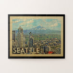 Seattle Washington Rainier Skyline Vintage Travel ジグソーパズル<br><div class="desc">Seattle Washington design in Vintage Travel style featuring Mount Rainier in the background of a city view.</div>