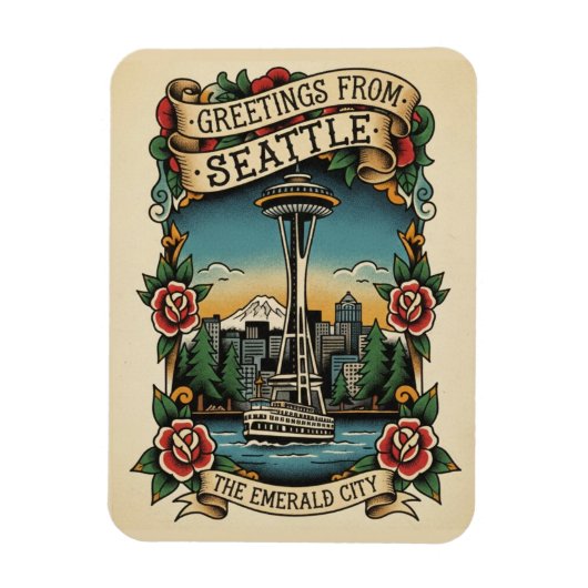 Seattle Washington Retro Vintage マグネット (縦)
