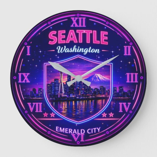 Seattle Washington Skyline ラージ壁時計 (正面)