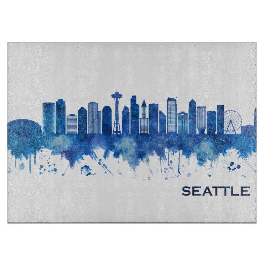 Seattle Washington Skyline Blue カッティングボード (正面)