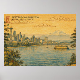 Seattle Washington Skyline in Japanese Ukiyo-e ポスター