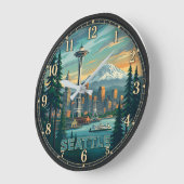 Seattle Washington Space Needle and Mount Rainier ラージ壁時計 (傾斜)