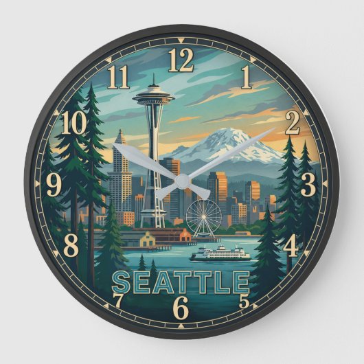 Seattle Washington Space Needle and Mount Rainier ラージ壁時計 (正面)