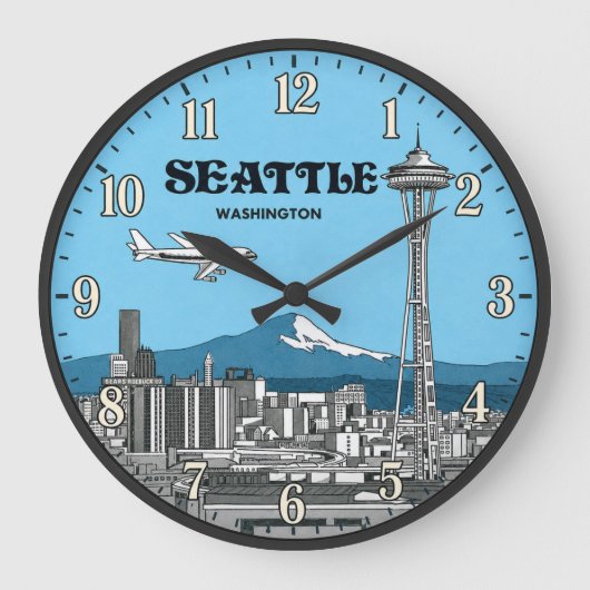 Seattle Washington Space Needle Skyline ラージ壁時計 (正面)