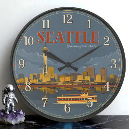 Seattle Washington Space Needle Skyline Vintage ラージ壁時計