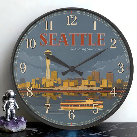 Seattle Washington Space Needle Skyline Vintage ラージ壁時計