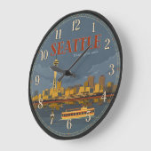 Seattle Washington Space Needle Skyline Vintage ラージ壁時計 (傾斜)