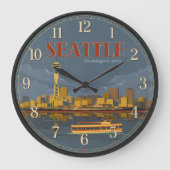 Seattle Washington Space Needle Skyline Vintage ラージ壁時計 (正面)