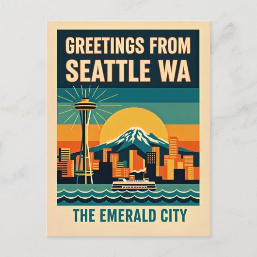 Seattle Washington – The Emerald City Retro 1930s ポストカード (正面)