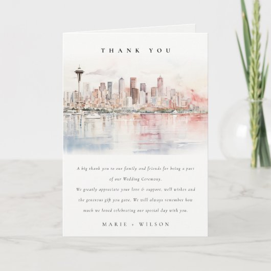Seattle, Washington Watercolor Landscape Wedding サンキューカード (正面)