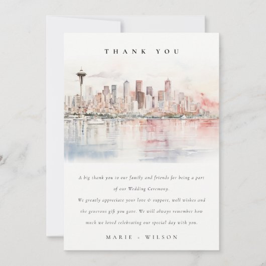 Seattle, Washington Watercolor Landscape Wedding サンキューカード (正面)