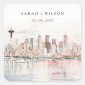Seattle, Washington Watercolor Landscape Wedding スクエアシール (正面)