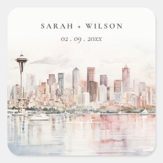 Seattle, Washington Watercolor Landscape Wedding スクエアシール