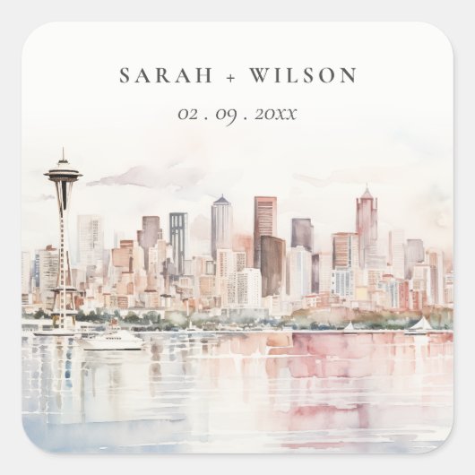 Seattle, Washington Watercolor Landscape Wedding スクエアシール (正面)