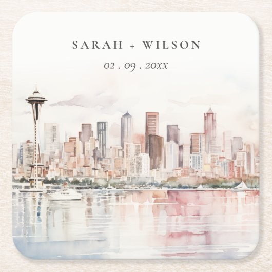 Seattle, Washington Watercolor Landscape Wedding スクエアペーパーコースター (正面)