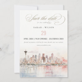 Seattle, Washington Watercolor Landscape Wedding セーブザデート
