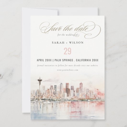 Seattle, Washington Watercolor Landscape Wedding セーブザデート (正面)