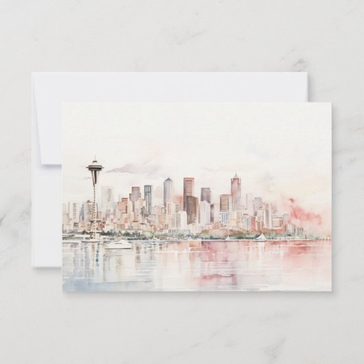 Seattle Washington Watercolor Landscape Wedding 出欠カード (裏面)