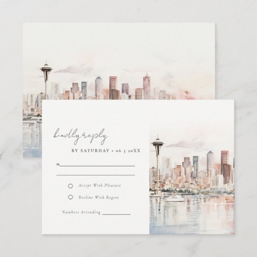 Seattle Washington Watercolor Landscape Wedding 出欠カード (正面/裏面)