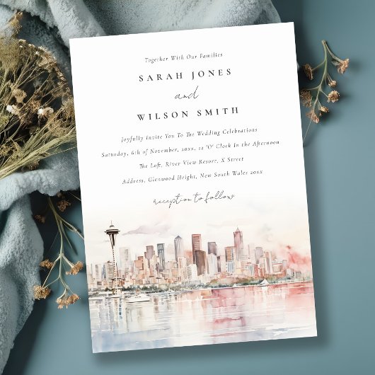 Seattle, Washington Watercolor Landscape Wedding 招待状