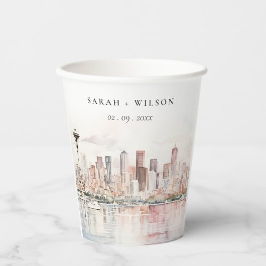 Seattle, Washington Watercolor Landscape Wedding 紙コップ (正面)