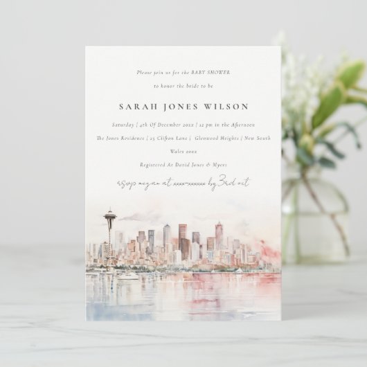 Seattle Washington Watercolor Scape Baby Shower 招待状 (スタンド正面)