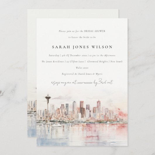 Seattle Washington Watercolor Scape Bridal Shower 招待状 (正面/裏面)