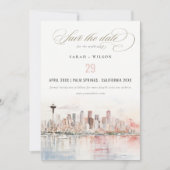 Seattle Washington Watercolor Scape Wedding Photo セーブザデート (正面)