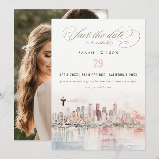 Seattle Washington Watercolor Scape Wedding Photo セーブザデート (正面/裏面)