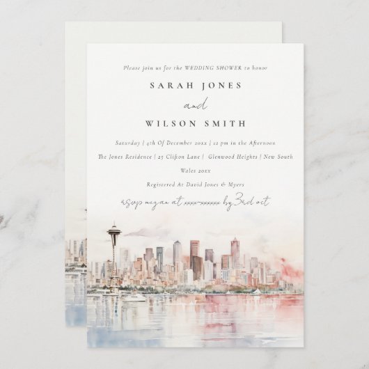 Seattle Washington Watercolor Scape Wedding Shower 招待状 (正面/裏面)