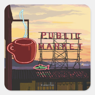 SeattlePikeの場所の市場の印および水眺め スクエアシール
