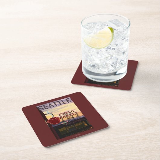 SeattlePikeの場所の市場の印および水眺め スクエアペーパーコースター (インサイチュ)