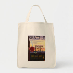 SeattlePikeの場所の市場の印および水眺め トートバッグ