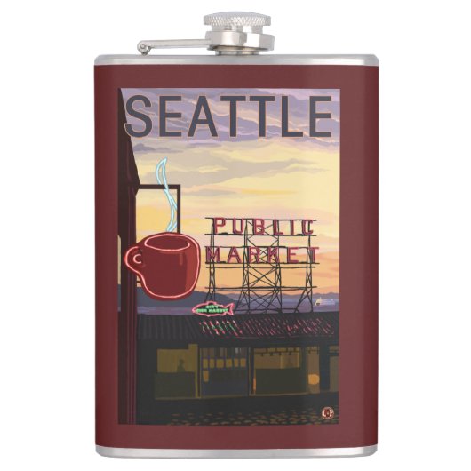 SeattlePikeの場所の市場の印および水眺め フラスク (正面)