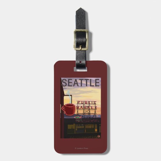 SeattlePikeの場所の市場の印および水眺め ラゲッジタグ (正面縦)