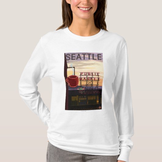 SeattlePikeの場所の市場の印および水眺め Tシャツ (正面)