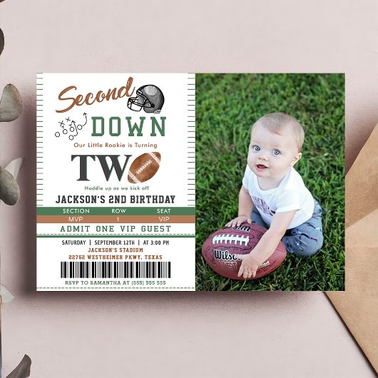 Second Down Football 2nd Birthday Photo招待状 招待状