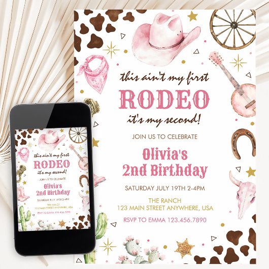 Second Rodeo Western Pink Cowgirl 2nd Birthday 招待状