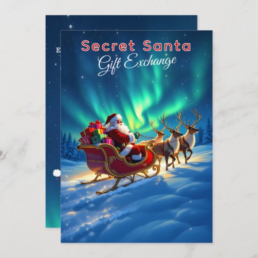 Secret Santa Sleigh & Northern Lights 5x7 Party 招待状 (正面/裏面)