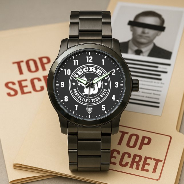 Secret Squirrel "ナッツを守る" ブラック 腕時計 (Secret Squirrel Protecting Your-Nuts Black Stainless-Steel Watch)
