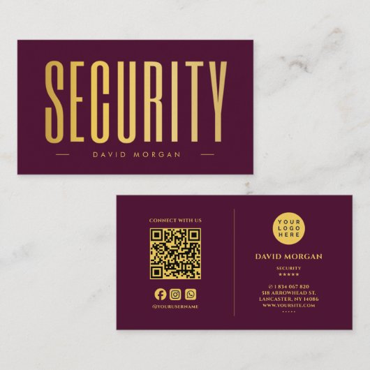 Security QR Code Logo Burgundy And Gold  名刺 (正面/裏面)