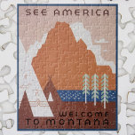 See America Welcome to Montana, Vintage Travel ジグソーパズル<br><div class="desc">ヴィンテージイラストレーションアメリカ合衆国アメリカ合衆国モンタナからの旅行ポスターは、先住民アメリカインディアンのテエペ、山、湖、木々を特集。文字読：アメリカ、ようこそモンタナ、州旅行局統一された。</div>